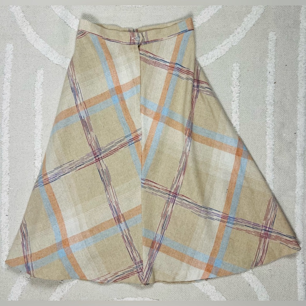 Vintage Union Made Pastel Wool A-Line Midi Skirt – Cream Blue Pink – Fits XS/S - Picture 2 of 10